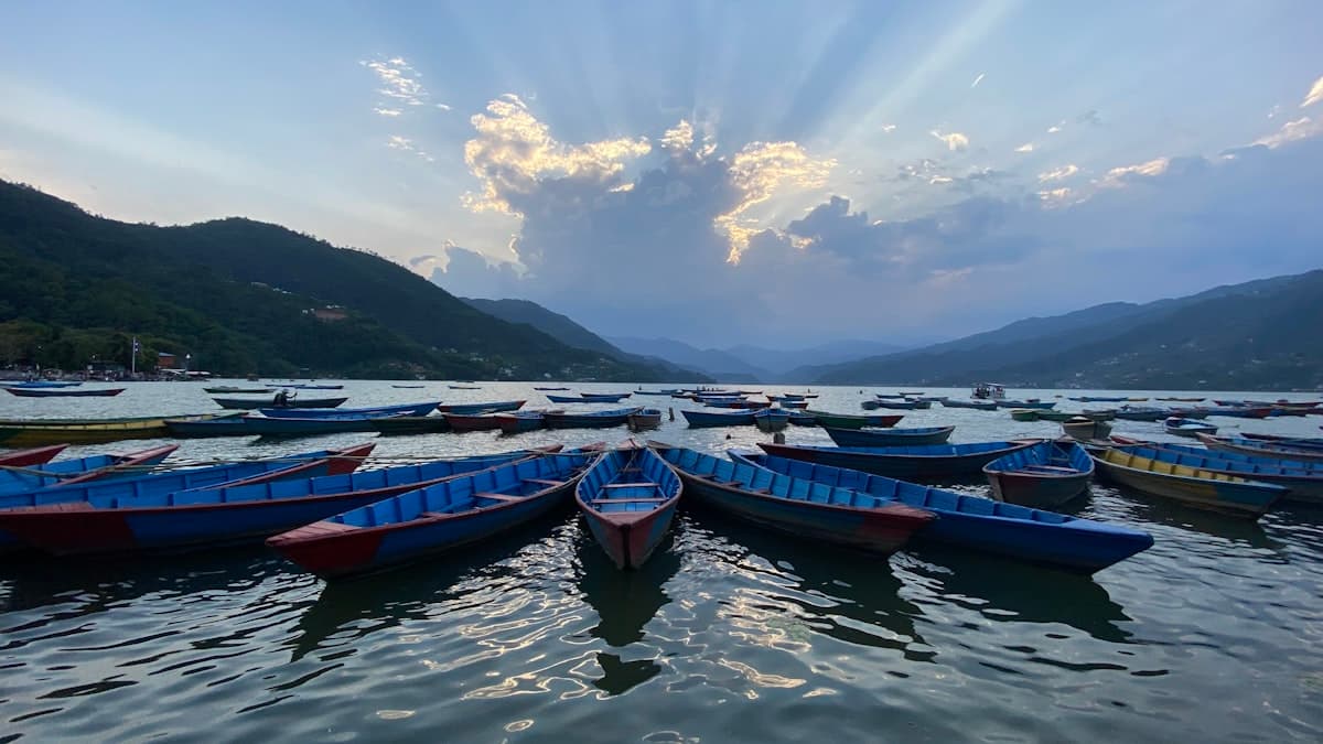 Colorful boats on Phewa Lake in Pokhara