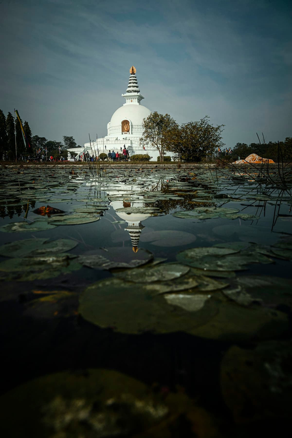 White temple near sacred pond at Lumbini