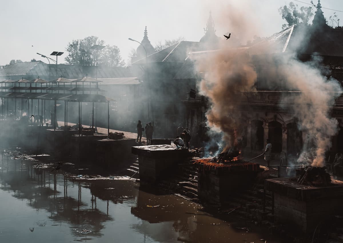 Smoke from cremation ghats along the Bagmati River