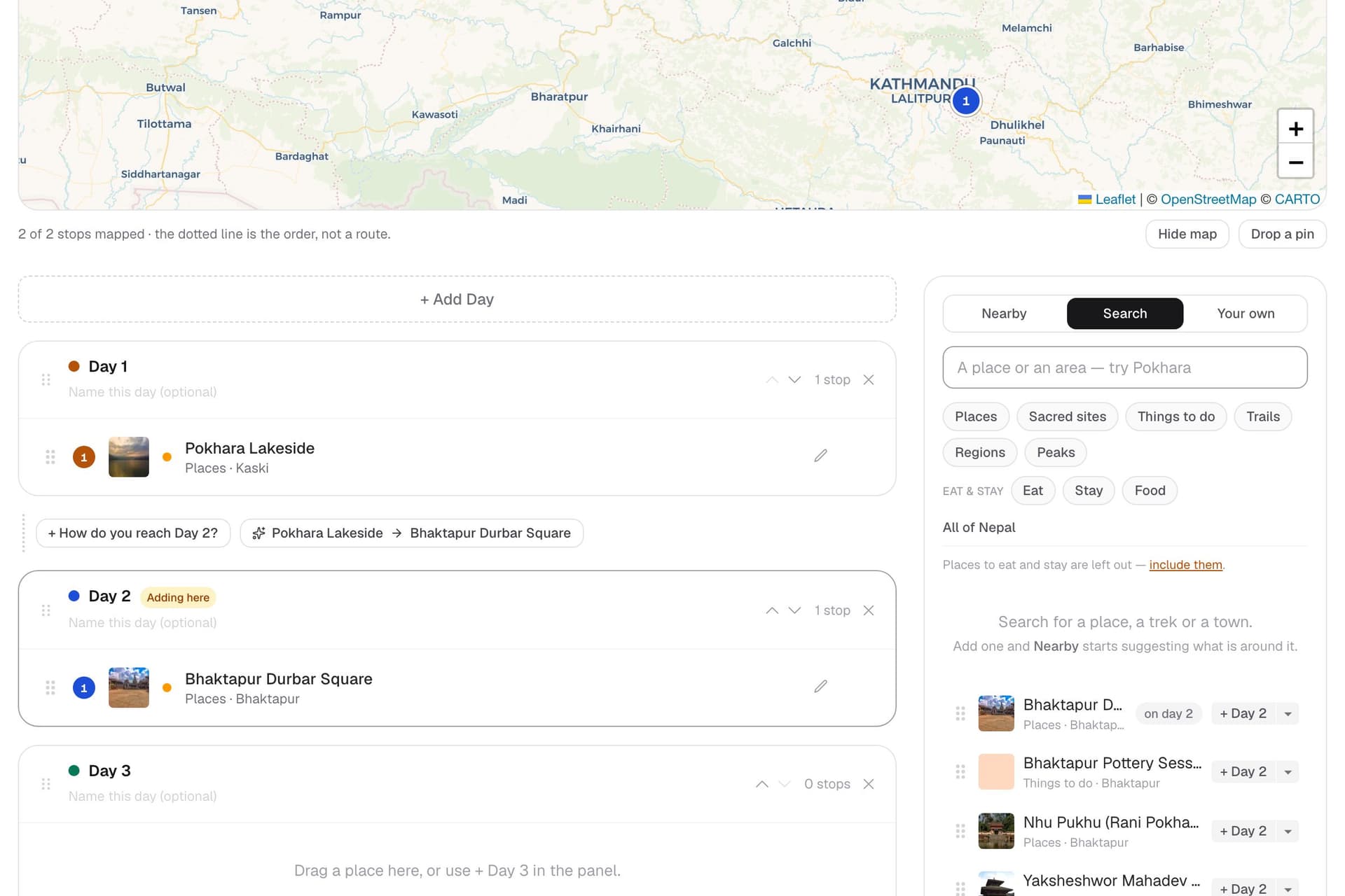 The itinerary builder: two days of stops beside a map of Nepal