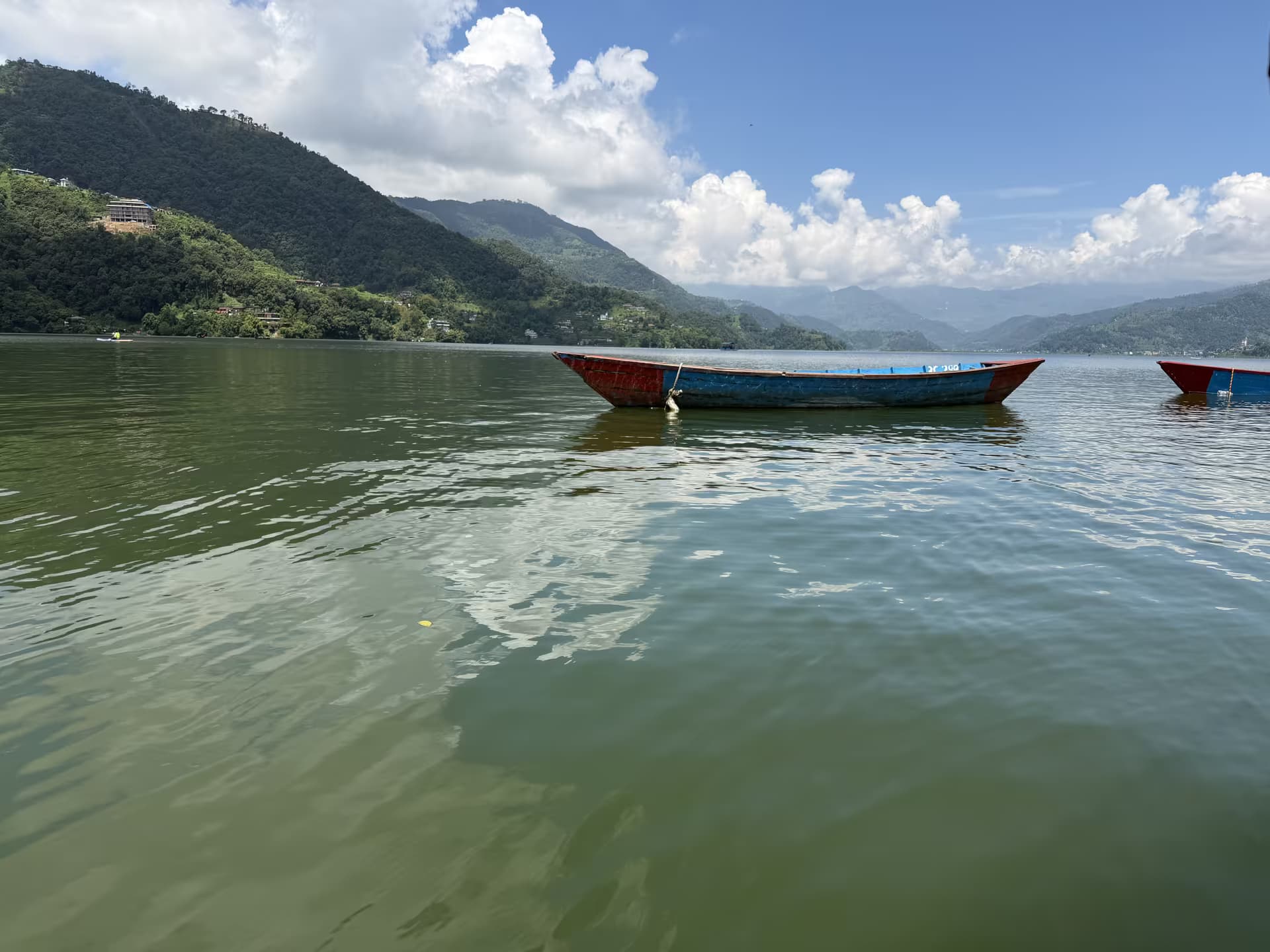 Wooden boats moored on the green waters of Phewa Lake with forested hills behind