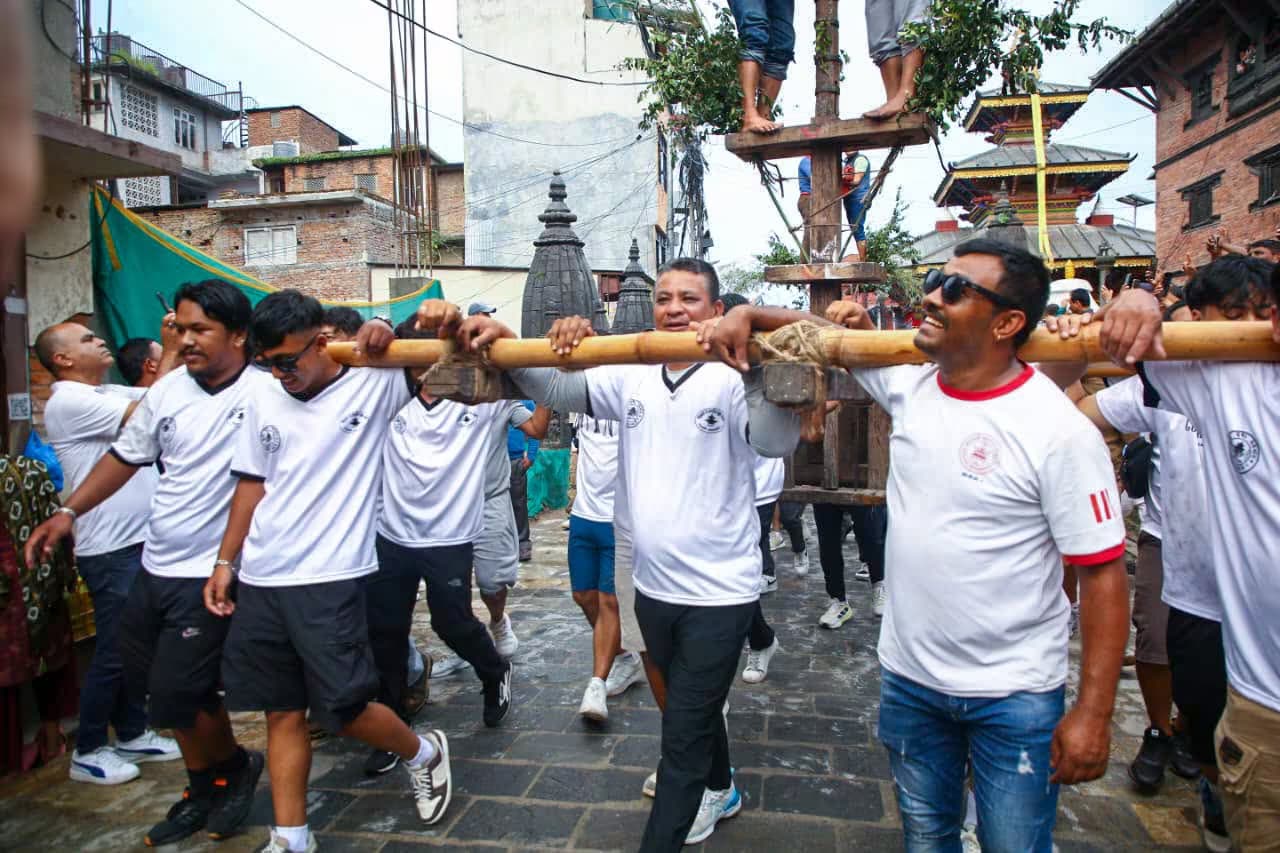 Macha:ti Jatra (Trishul Jatra) procession in Deupatan, near Pashupatinath, Kathmandu
