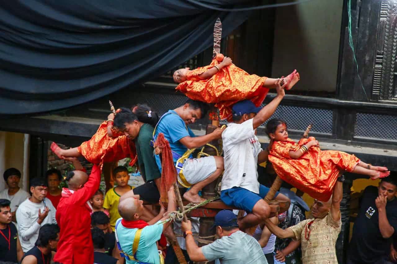 Trident (trishul) carried in the Macha:ti Jatra procession, Gwal:dey