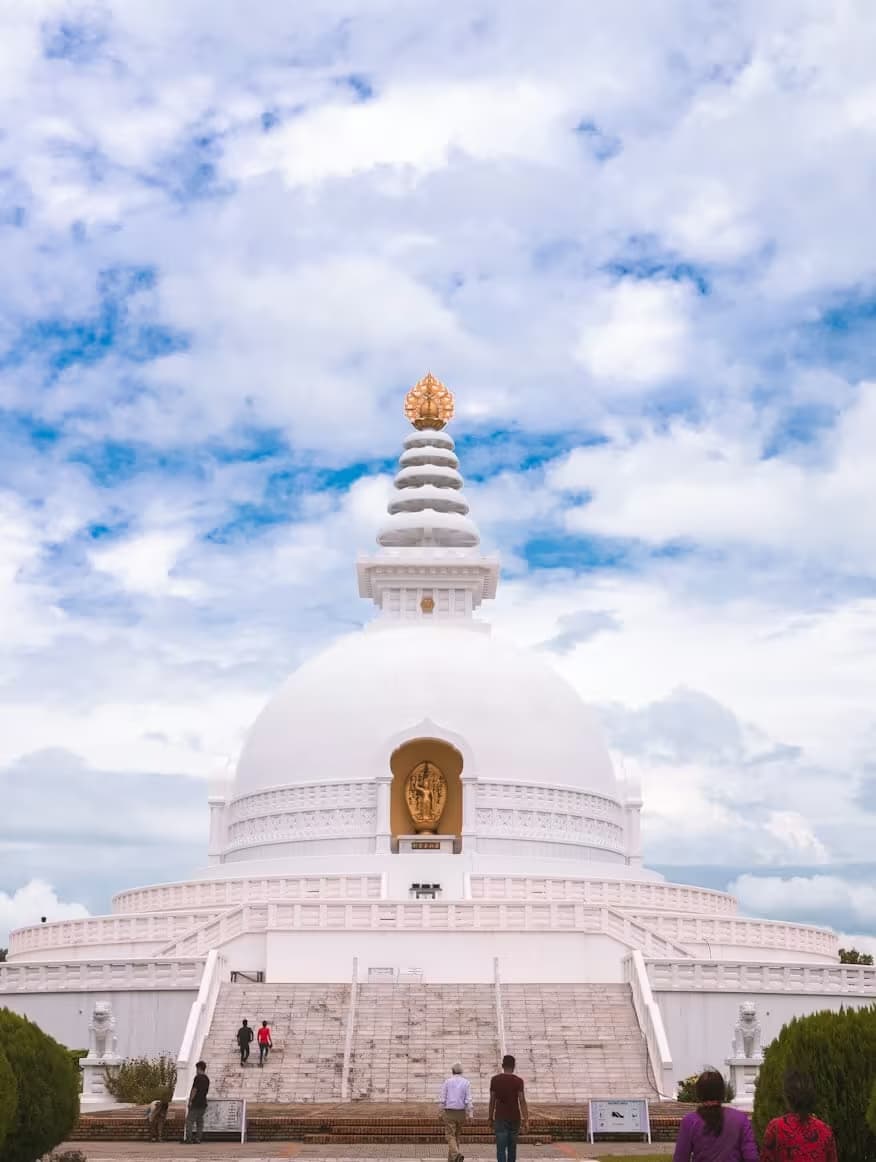 World Peace Pagoda frontal view with golden Buddha